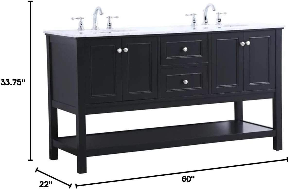 Pemberly Row 60' Double Sink Bathroom Vanity, Solid Poplar Wood, Black Finish, Carrara White Marble Top, 33.75' H x 60' W x 22' D, Two Drawers, Two Cabinets, Soft Close, Contemporary Freestanding