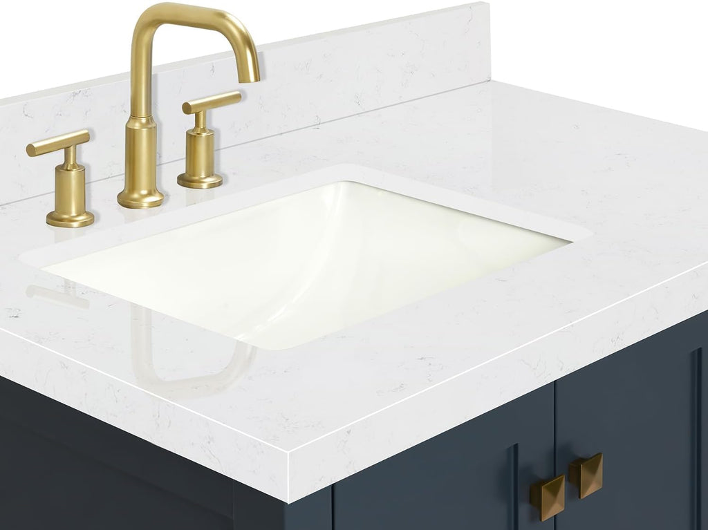 ARIEL Cambridge 36-inch Bathroom Vanity with Sink,Solid Wood, 1.5-inch Carrara White Quartz Countertop, Single Rectangular Porcelain Sink, 2 Soft Closing Doors, 5 Dovetail Drawers, Midnight Blue