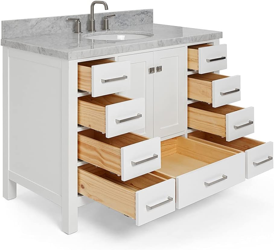 ARIEL Cambridge 42-inch Bathroom Vanity with Sink,Solid Wood, 1.5-inch Italian Carrara Marble Countertop & Backsplash, Single Oval Porcelain Sink, 2 Soft Closing Doors, 9 Dovetail Drawers, White