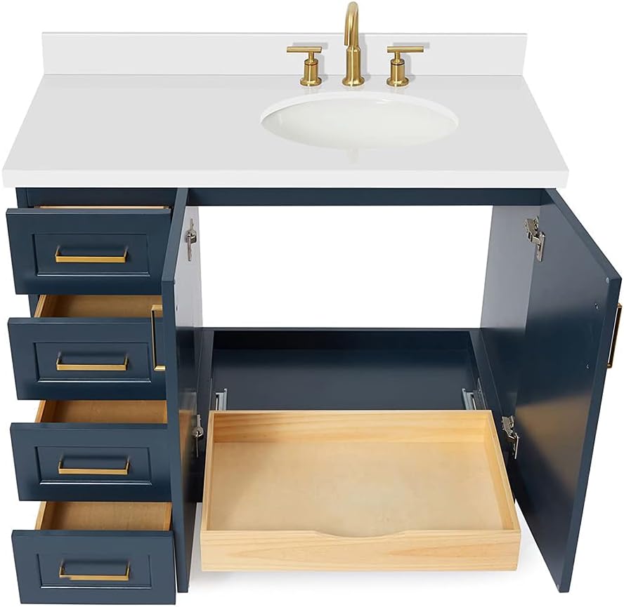 ARIEL Taylor 42-inch Bathroom Vanity with Sink,Solid Wood, 1.5-inch Pure White Quartz Countertop & Backsplash, Single Oval Porcelain Sink, 2 Soft Closing Doors, 5 Dovetail Drawers, Midnight Blue
