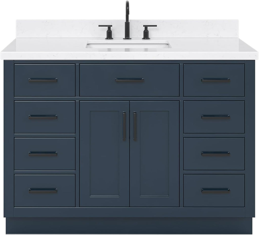 ARIEL Hepburn 48-inch Bathroom Vanity with Sink,Solid Wood, 1.5-inch Carrara White Quartz Countertop, Single Rectangular Porcelain Sink, 2 Soft Closing Doors, 9 Dovetail Drawers, Midnight Blue