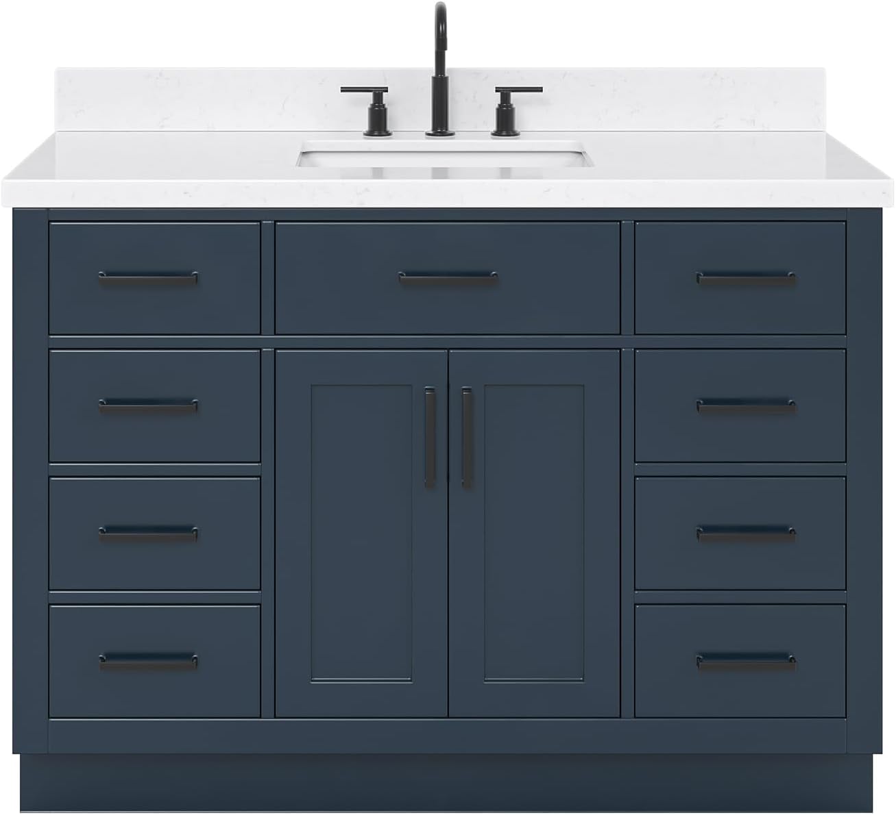 ARIEL Hepburn 48-inch Bathroom Vanity with Sink,Solid Wood, 1.5-inch Carrara White Quartz Countertop, Single Rectangular Porcelain Sink, 2 Soft Closing Doors, 9 Dovetail Drawers, Midnight Blue