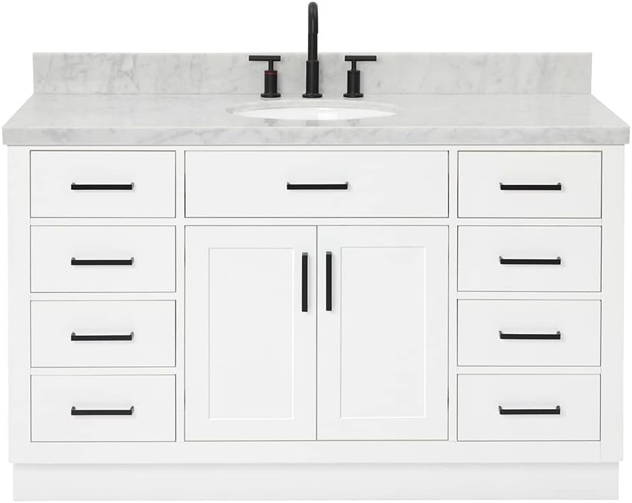 ARIEL Hepburn 54-inch Bathroom Vanity with Sink,Solid Wood, 1.5-inch Italian Carrara Marble Countertop & Backsplash, Single Oval Porcelain Sink, 2 Soft Closing Doors, 9 Dovetail Drawers, White
