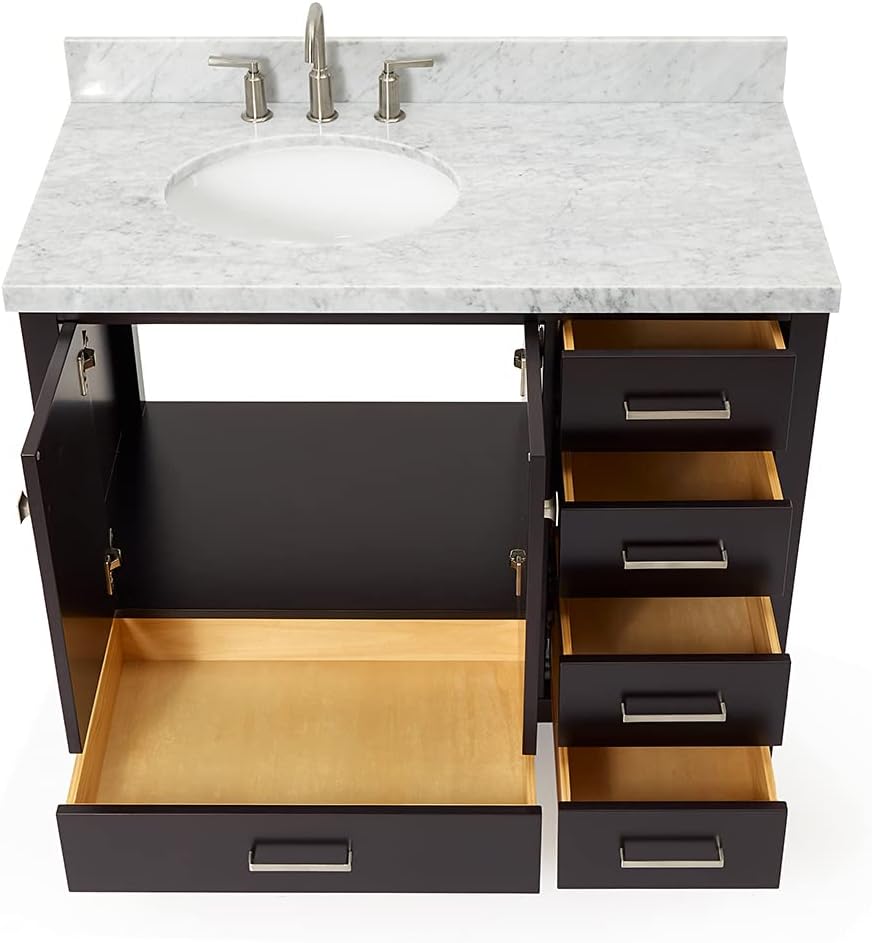 ARIEL Cambridge 42-inch Bathroom Vanity with Sink,Solid Wood, 1.5-inch Italian Carrara Marble Countertop & Backsplash, Single Oval Porcelain Sink, 2 Soft Closing Doors, 5 Dovetail Drawers, Espresso