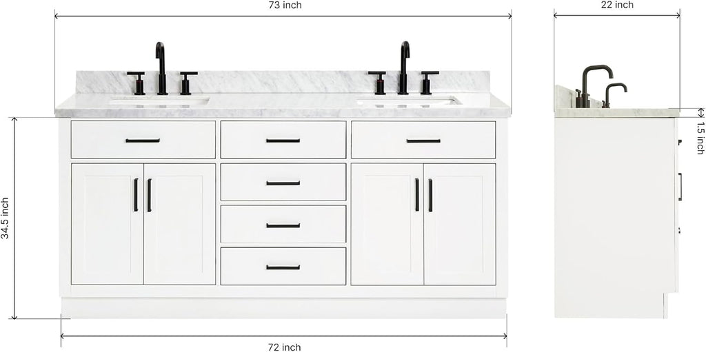 DKB Isabella 72 Inch Bathroom Vanity Double Sink — White Bathroom Vanity with Sink, 1.5' Edge Italian Carrara Marble Countertop & Backsplash, 4 Soft-Close Doors, 4 Dovetail Drawers, and 2 Tilt Drawers