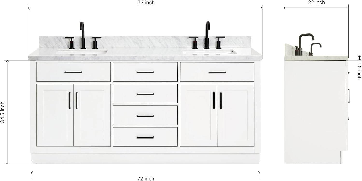 DKB Isabella 72 Inch Bathroom Vanity Double Sink — White Bathroom Vanity with Sink, 1.5' Edge Italian Carrara Marble Countertop & Backsplash, 4 Soft-Close Doors, 4 Dovetail Drawers, and 2 Tilt Drawers