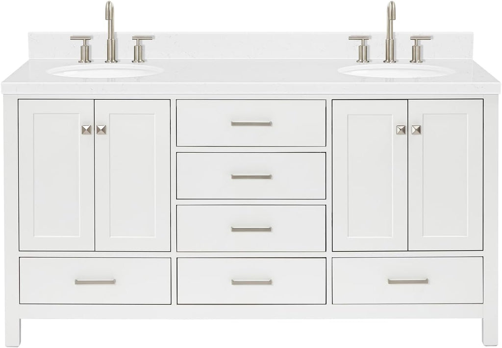 ARIEL Cambridge 66-inch Bathroom Vanity with Sink,Solid Wood, 1.5-inch Carrara White Quartz Countertop & Backsplash, Double Oval Porcelain Sink, 4 Soft Closing Doors, 6 Dovetail Drawers, White
