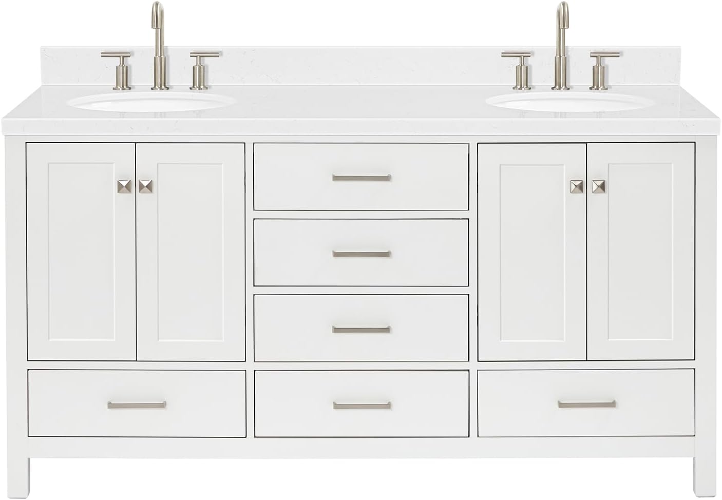 ARIEL Cambridge 66-inch Bathroom Vanity with Sink,Solid Wood, 1.5-inch Carrara White Quartz Countertop & Backsplash, Double Oval Porcelain Sink, 4 Soft Closing Doors, 6 Dovetail Drawers, White
