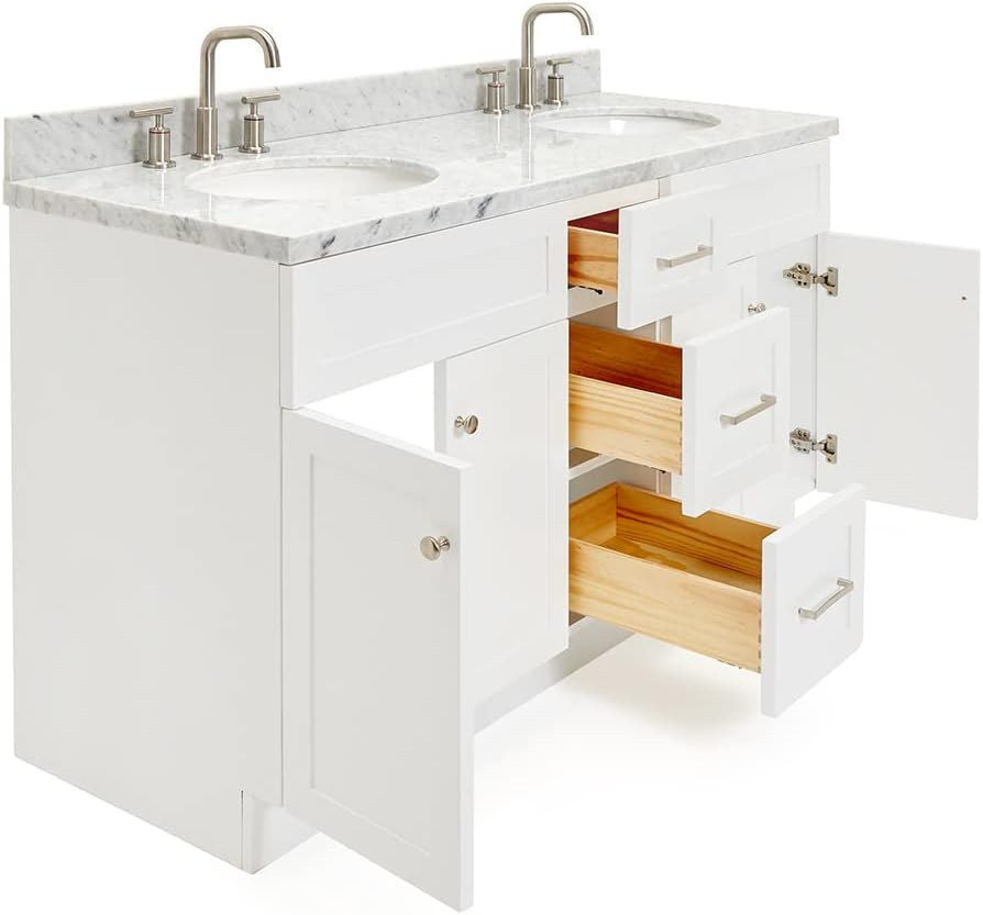 ARIEL Hamlet 60-inch Bathroom Vanity with Sink,Solid Wood, 1.5-inch Italian Carrara Marble Countertop & Backsplash, Double Oval Porcelain Sink, 4 Soft Closing Doors, 3 Dovetail Drawers, White