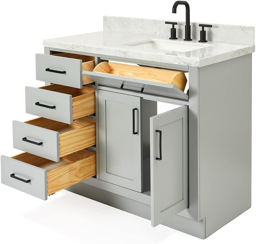 ARIEL 54' Grey Single Bathroom Vanity with Sink, 1.5' Italian Carrara Marble Countertop, Rectangular Undermount Sink, 2 Soft Closing Doors, 9 Dovetail Drawers