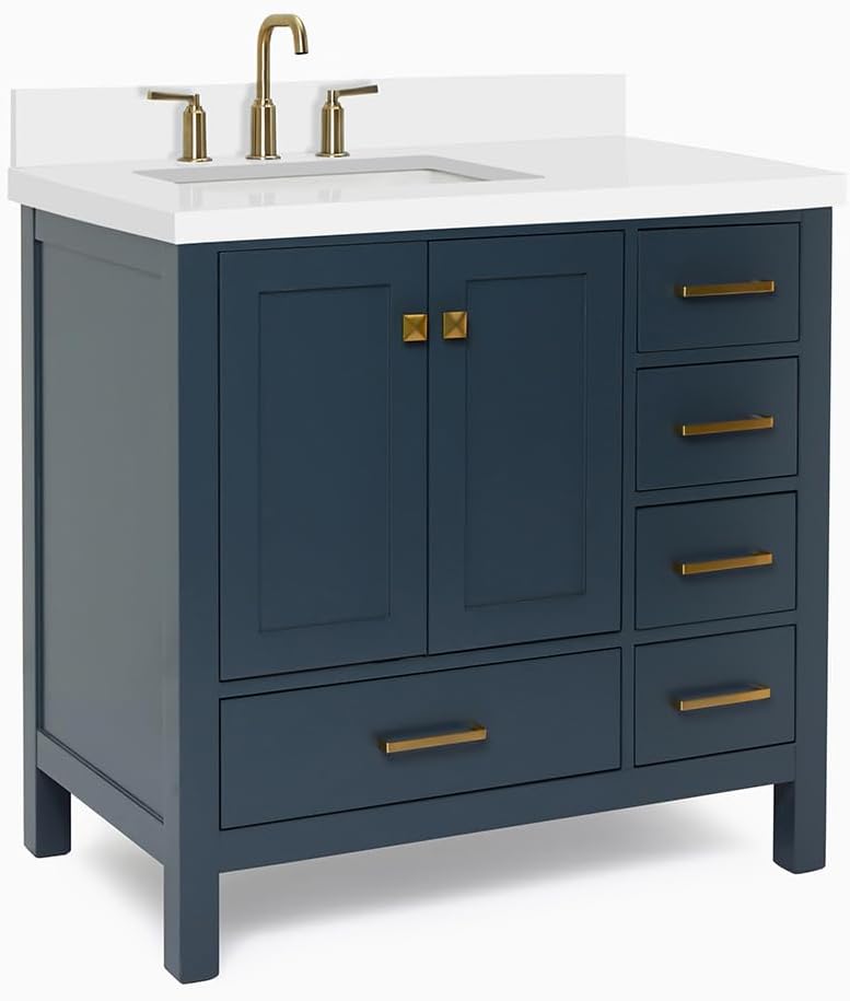 ARIEL Cambridge 36-inch Bathroom Vanity with Sink,Solid Wood, 1.5-inch Pure White Quartz Countertop, Single Rectangular Porcelain Sink, 2 Soft Closing Doors, 5 Dovetail Drawers, Midnight Blue