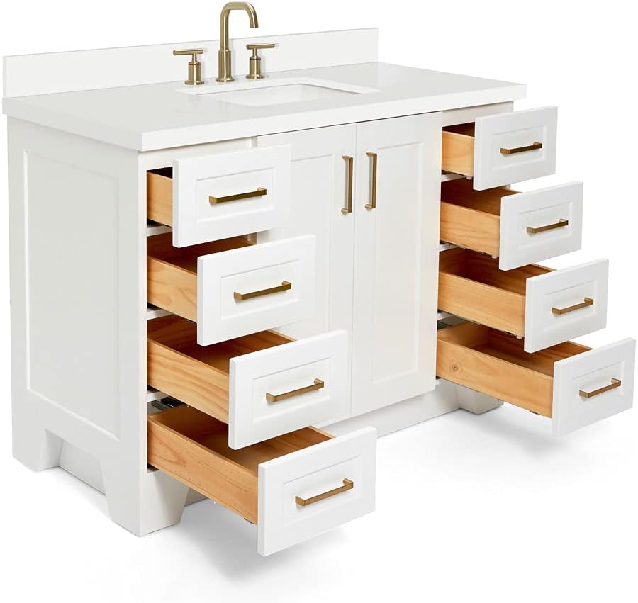 ARIEL Taylor 48-inch Bathroom Vanity with Sink,Solid Wood, 1.5-inch Pure White Quartz Countertop & Backsplash, Single Rectangular Porcelain Sink, 2 Soft Closing Doors, 9 Dovetail Drawers, White