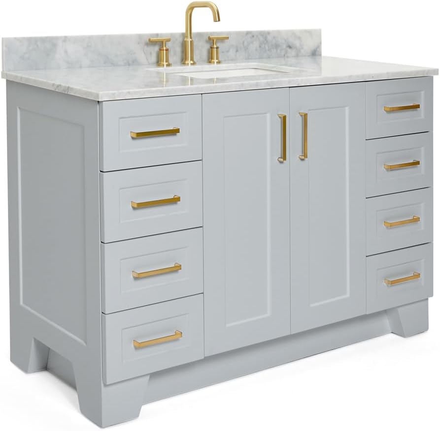 ARIEL Taylor 48-inch Bathroom Vanity with Sink,Solid Wood, 0.75-inch Italian Carrara Marble Countertop, Single Rectangular Porcelain Sink, Soft Closing Doors, Dovetail Drawers, Grey