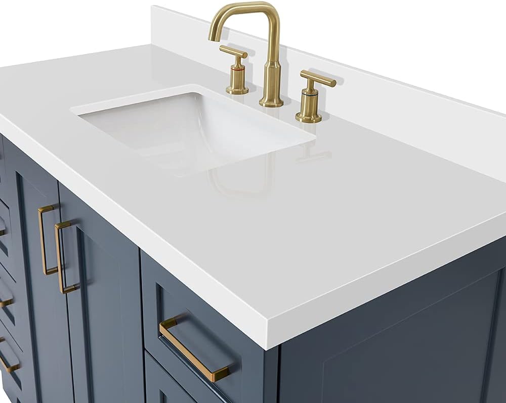 ARIEL Taylor 48-inch Bathroom Vanity with Sink,Solid Wood, 1.5-inch Pure White Quartz Countertop, Single Rectangular Porcelain Sink, 2 Soft Closing Doors, 9 Dovetail Drawers, Midnight Blue