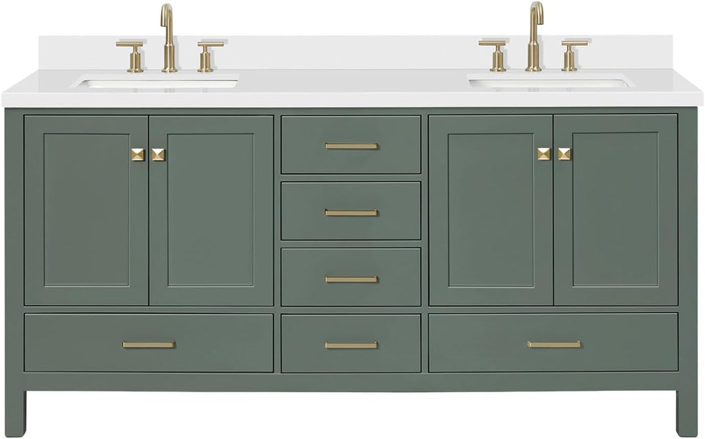 DKB Beckford 72-inch Vintage Green Bathroom Vanity with Left & Right Rectangle Double Sinks, Pure White Quartz Countertop & Backsplash, Solid Wood Frame, Soft-Closing & Dovetail Drawers