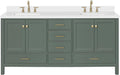 DKB Beckford 72-inch Vintage Green Bathroom Vanity with Left & Right Rectangle Double Sinks, Pure White Quartz Countertop & Backsplash, Solid Wood Frame, Soft-Closing & Dovetail Drawers