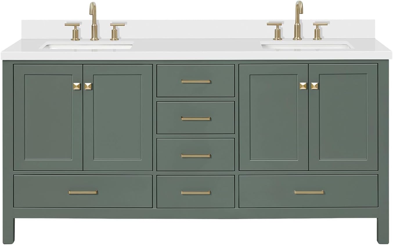 DKB Beckford 72-inch Vintage Green Bathroom Vanity with Left & Right Rectangle Double Sinks, Pure White Quartz Countertop & Backsplash, Solid Wood Frame, Soft-Closing & Dovetail Drawers