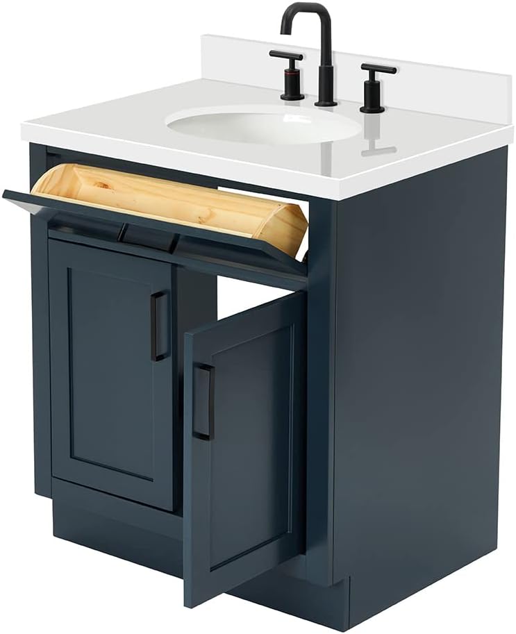 ARIEL Hepburn 30-inch Bathroom Vanity with Sink,Solid Wood, 1.5-inch Pure White Quartz Countertop & Backsplash, Single Oval Porcelain Sink, 2 Soft Closing Doors, 1 Dovetail Drawers, Midnight Blue