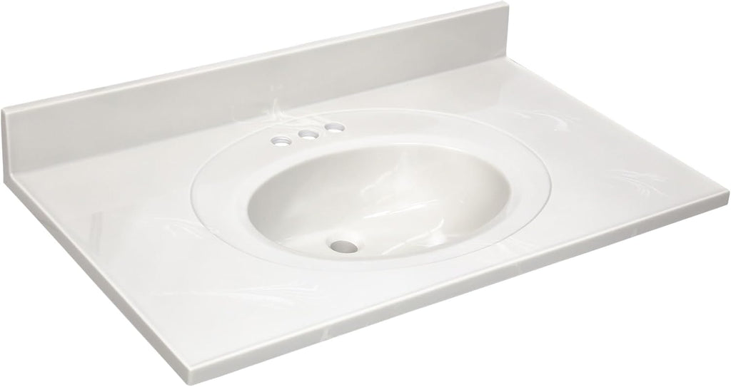 Pemberly Row Cultured Marble Vanity Top, 37' x 22', White on White Ivory Swirl Finish, Integrated Oval Sink with Overflow, Pre-Drilled 4-Inch Centerset, 4-Inch Backsplash, Durable Easy-Clean Bathroom
