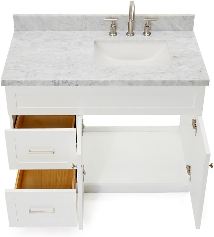 ARIEL 36' Black Bathroom Vanity with Sink, 1.5' Italian Carrara Marble Countertop, Rectangular Undermount Sink, 2 Soft Closing Doors, 2 Dovetail Drawers, Brushed Nickel
