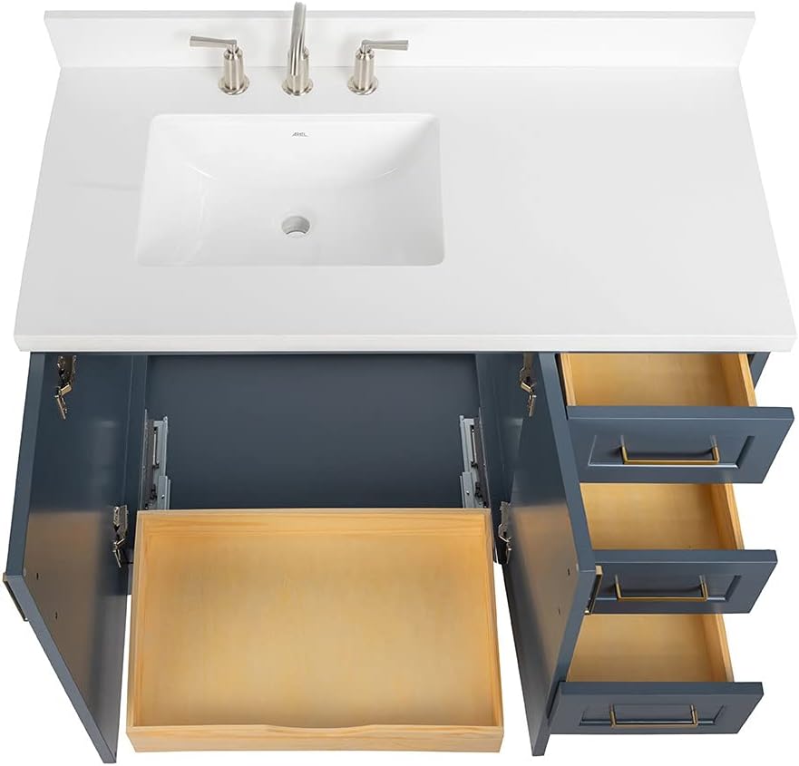 ARIEL Taylor 42-inch Bathroom Vanity with Sink,Solid Wood, 1.5-inch Pure White Quartz Countertop, Single Rectangular Porcelain Sink, 2 Soft Closing Doors, 5 Dovetail Drawers, Midnight Blue