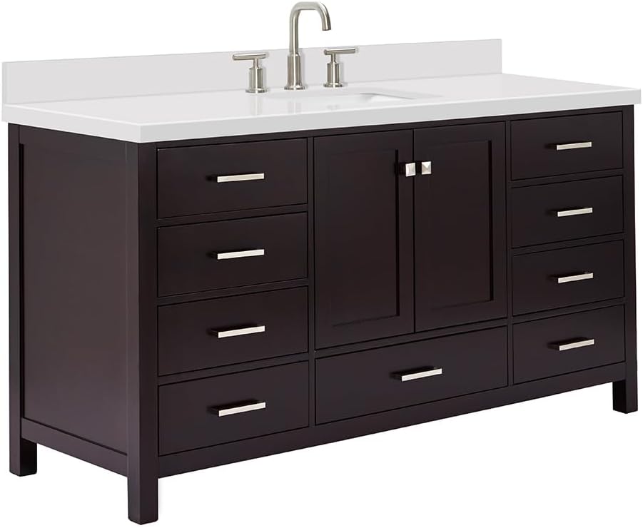 ARIEL Cambridge 66-inch Bathroom Vanity with Sink,Solid Wood, 1.5-inch Pure White Quartz Countertop, Single Rectangular Porcelain Sink, 2 Soft Closing Doors, 9 Dovetail Drawers, Espresso