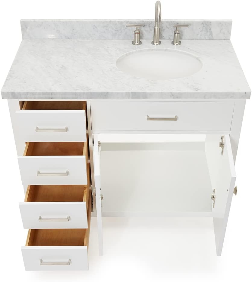 DKB Alenza 42-Inch White Bathroom Vanity with Sink, 1.5-Inch Italian Carrara Marble Countertop, Right Oval Undermount Sink, 2 Soft Closing Doors, 4 Dovetail Drawers, Polished Chrome
