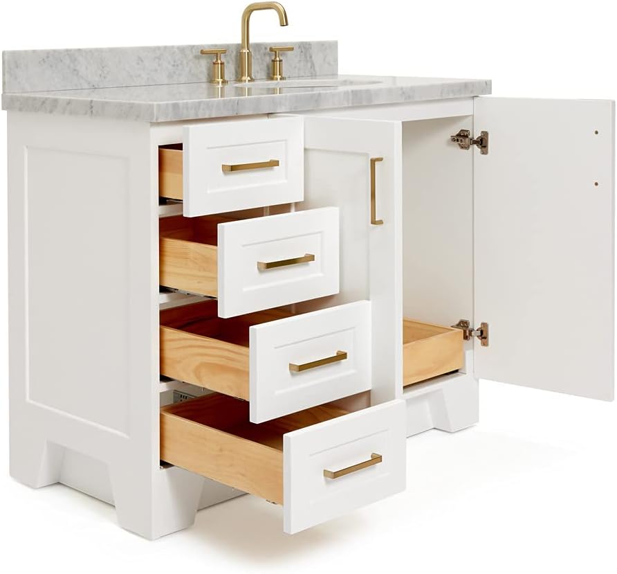 ARIEL Taylor 42-inch Bathroom Vanity with Sink,Solid Wood, 1.5-inch Italian Carrara Marble Countertop & Backsplash, Single Oval Porcelain Sink, 2 Soft Closing Doors, 5 Dovetail Drawers, White