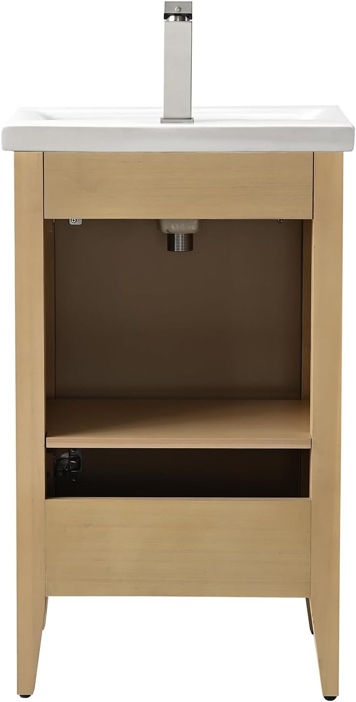 HOMEBEYOND 20' Bathroom Vanity with Ceramic Sink, Solid Wood Free-Standing Vanities Cabinet, Ceramic Top, Golden Brushed Hardware & Soft Closing Door, Natural Oak