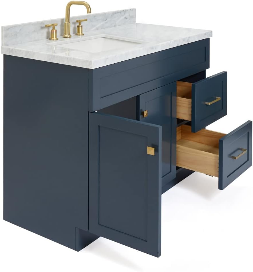 DKB Bradford 42' Midnight Blue Single Bathroom Vanity with Sink, 1.5' Italian Carrara Marble Countertop, Solid Wood, Rectangular Undermount Sink, Soft Closing Doors & Dovetail Drawers, Brushed Nickel