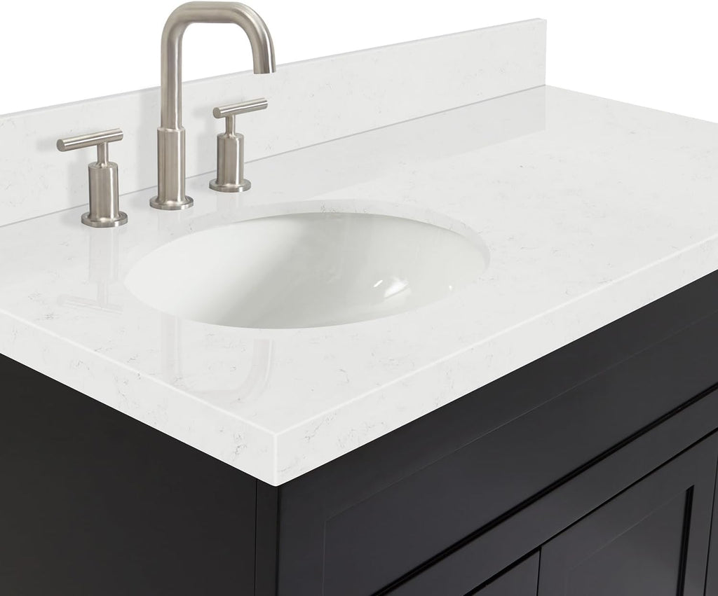 DKB Bradford 42' Black Bathroom Vanity with Sink, Oval Undermount, 1.5' Carrara Quartz Countertop, Solid Wood Frame, 2 Soft-Closing Doors, 2 Full Extension Drawers, Brushed Nickel