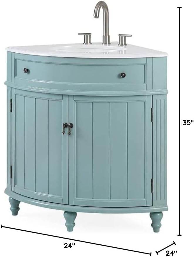 Tennant Brand 24 inch Triadsville Small Corner Bathroom Vanity with Sink and White Quartz top (Light Blue)