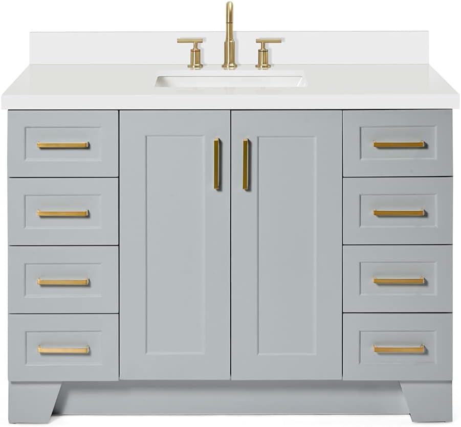 ARIEL Taylor 48-inch Bathroom Vanity with Sink,Solid Wood, 1.5-inch Pure White Quartz Countertop, Single Rectangular Porcelain Sink, 2 Soft Closing Doors, 9 Dovetail Drawers, Satin Brass, Grey