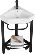 Wash Basin Sink Floor Standing Corner Bathroom Vanity Sink with Stainless Steel Storage Stand, Triangular Ceramic Basin Top Console Sink Freestanding Sink with Faucet & D(B 42CM)