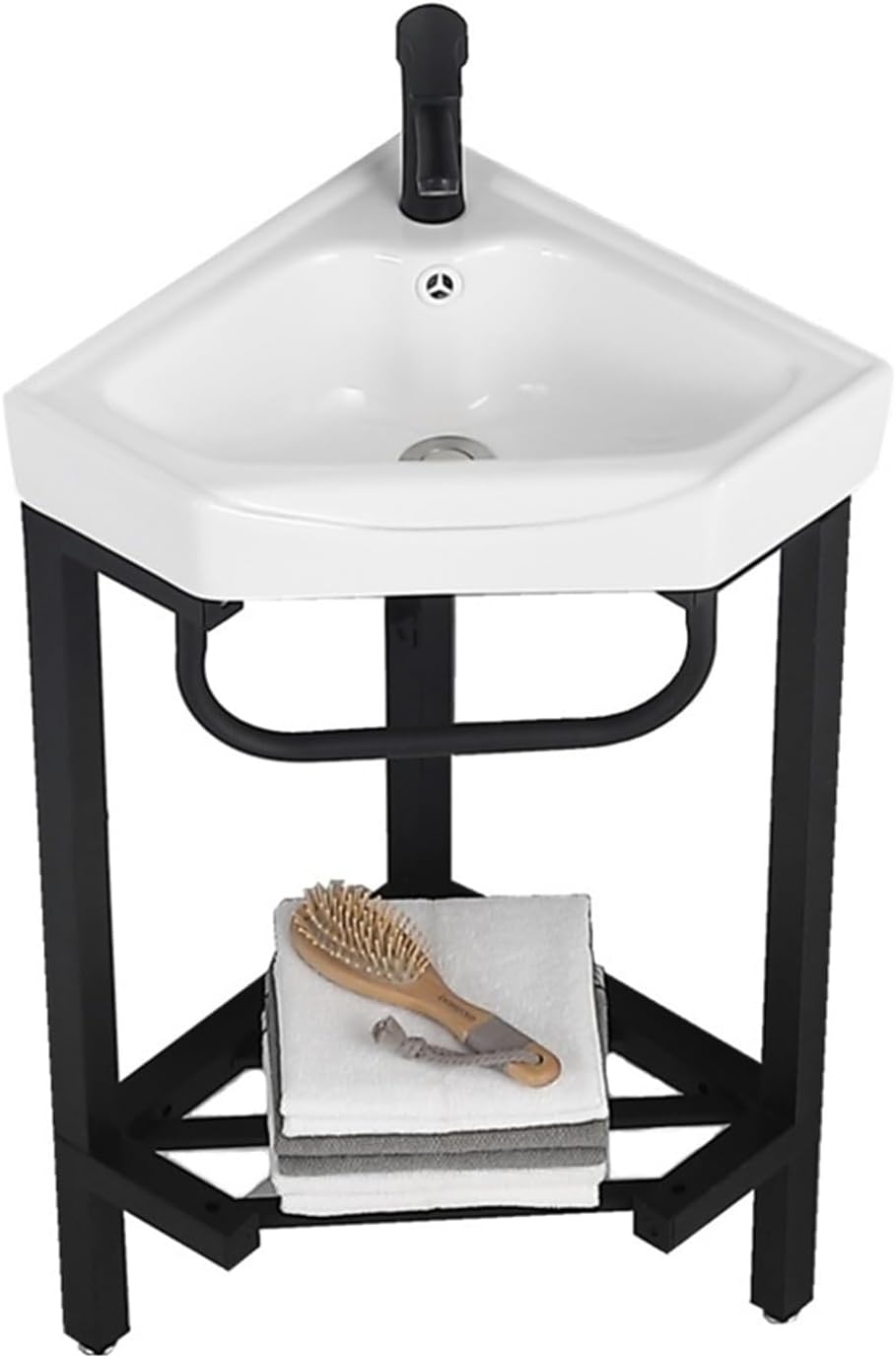 Wash Basin Sink Floor Standing Corner Bathroom Vanity Sink with Stainless Steel Storage Stand, Triangular Ceramic Basin Top Console Sink Freestanding Sink with Faucet & D(B 42CM)