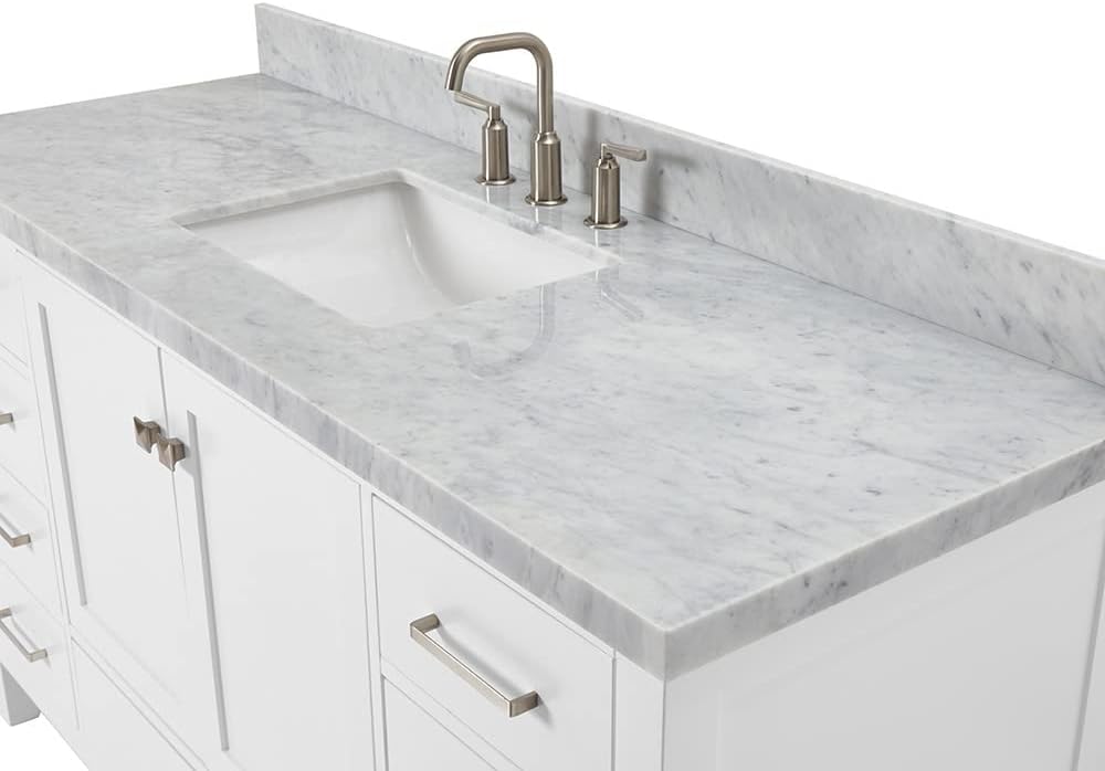 ARIEL Cambridge 60-inch Bathroom Vanity with Sink,Solid Wood, 1.5-inch Italian Carrara Marble Countertop, Single Rectangular Porcelain Sink, 2 Soft Closing Doors, 9 Dovetail Drawers, White