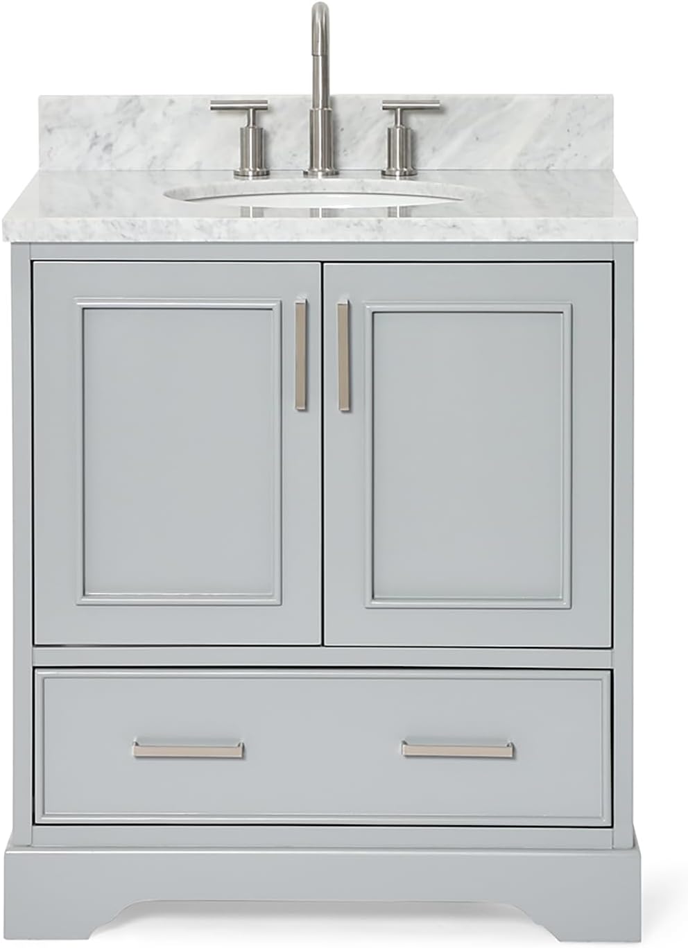 ARIEL Stafford 30-inch Bathroom Vanity with Sink,Solid Wood, 0.75-inch Italian Carrara Marble Countertop & Backsplash, Single Oval Porcelain Sink, 2 Soft Closing Doors, 1 Dovetail Drawers, Grey