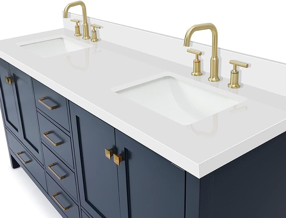 DKB Beckford 72 Inch Bathroom Vanity Double Sink — Midnight Blue Bathroom Vanity with Sink, 1.5' Edge Pure White Quartz Countertop & Backsplash, 4 Soft-Close Doors, 6 Dovetail Drawers