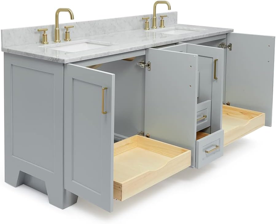 ARIEL 73' Grey Double Bathroom Vanity Italian Carrara Marble Countertop & Splash, Rectangular Sink, 4 Soft Closing Doors, 6 Full Extension Dovetail Drawers, Satin Brass