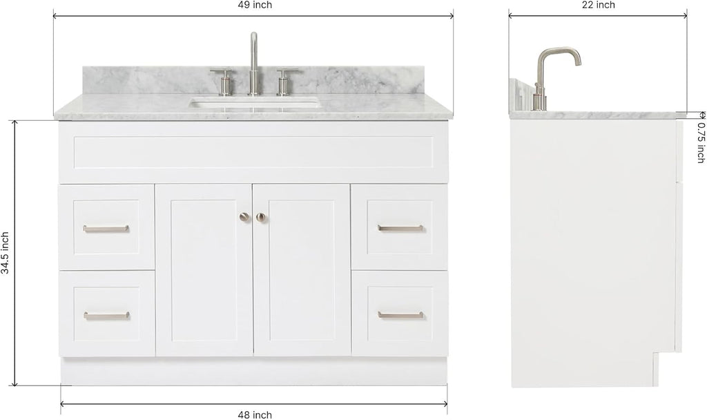 ARIEL Hamlet 48-inch Bathroom Vanity with Sink,Solid Wood, 0.75-inch Italian Carrara Marble Countertop, Single Rectangular Porcelain Sink, Soft Closing Doors, Dovetail Drawers, White