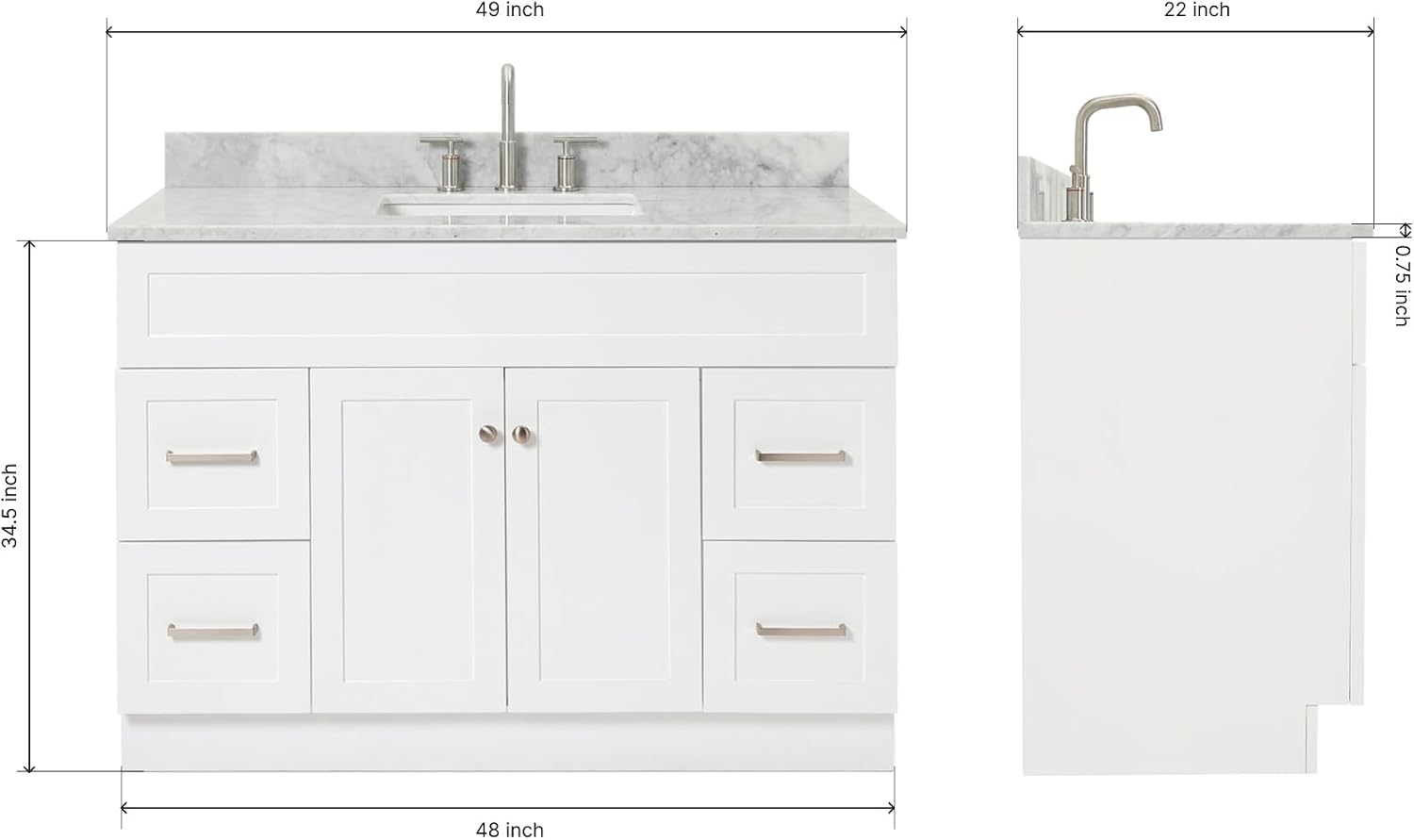 ARIEL Hamlet 48-inch Bathroom Vanity with Sink,Solid Wood, 0.75-inch Italian Carrara Marble Countertop, Single Rectangular Porcelain Sink, Soft Closing Doors, Dovetail Drawers, White