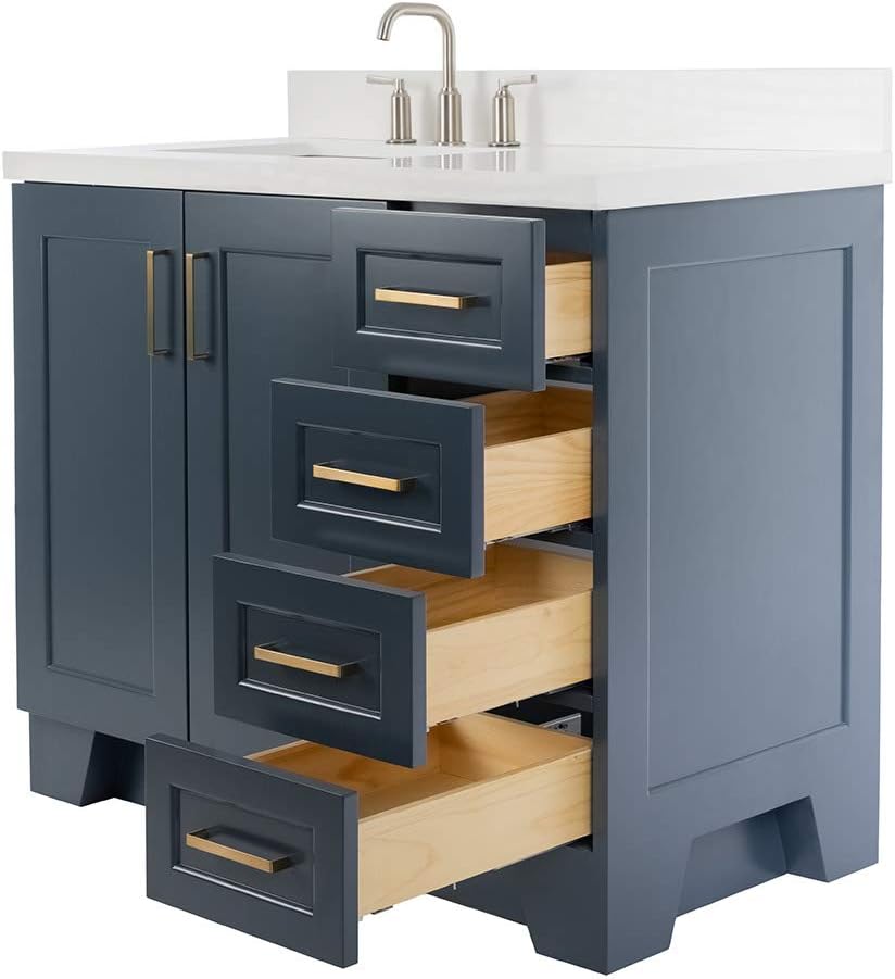 ARIEL Taylor 42-inch Bathroom Vanity with Sink,Solid Wood, 1.5-inch Pure White Quartz Countertop, Single Rectangular Porcelain Sink, 2 Soft Closing Doors, 5 Dovetail Drawers, Midnight Blue