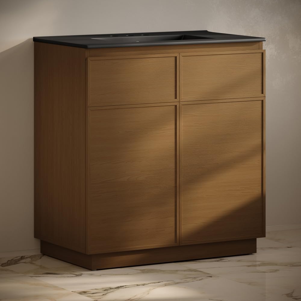 St. Tropez 36' Freestanding Bathroom Vanity in Brown Oak with Black 3-Hole Widespread Sink Top