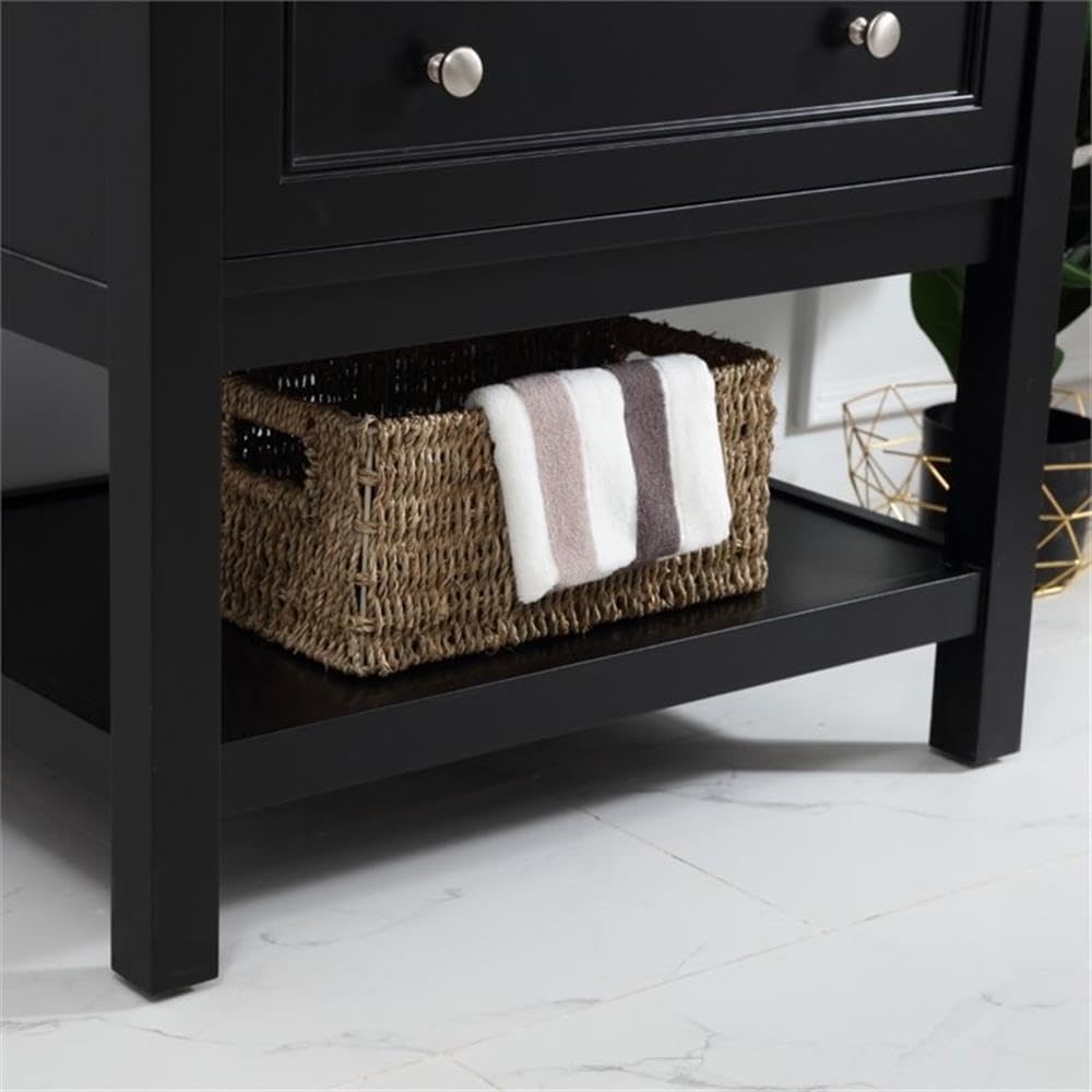 Pemberly Row 30' Single Bathroom Vanity, Marble Top, Black Finish, Solid Poplar Wood Base, White Porcelain Undermount Sink, Soft Close Drawer, Open Shelf, Contemporary Design for Modern Bathrooms