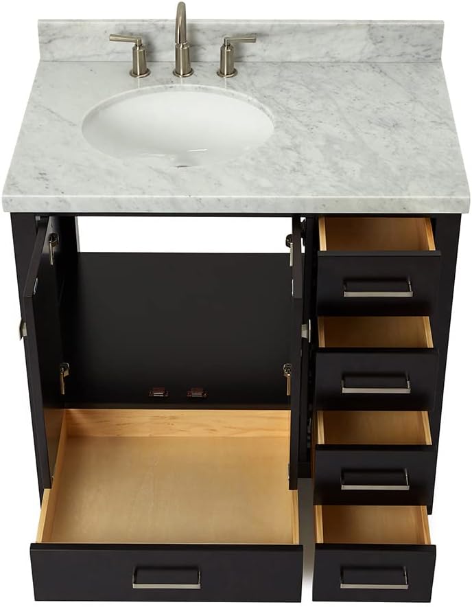 ARIEL Cambridge 36-inch Bathroom Vanity with Sink,Solid Wood, 1.5-inch Italian Carrara Marble Countertop & Backsplash, Single Oval Porcelain Sink, 2 Soft Closing Doors, 5 Dovetail Drawers, Espresso