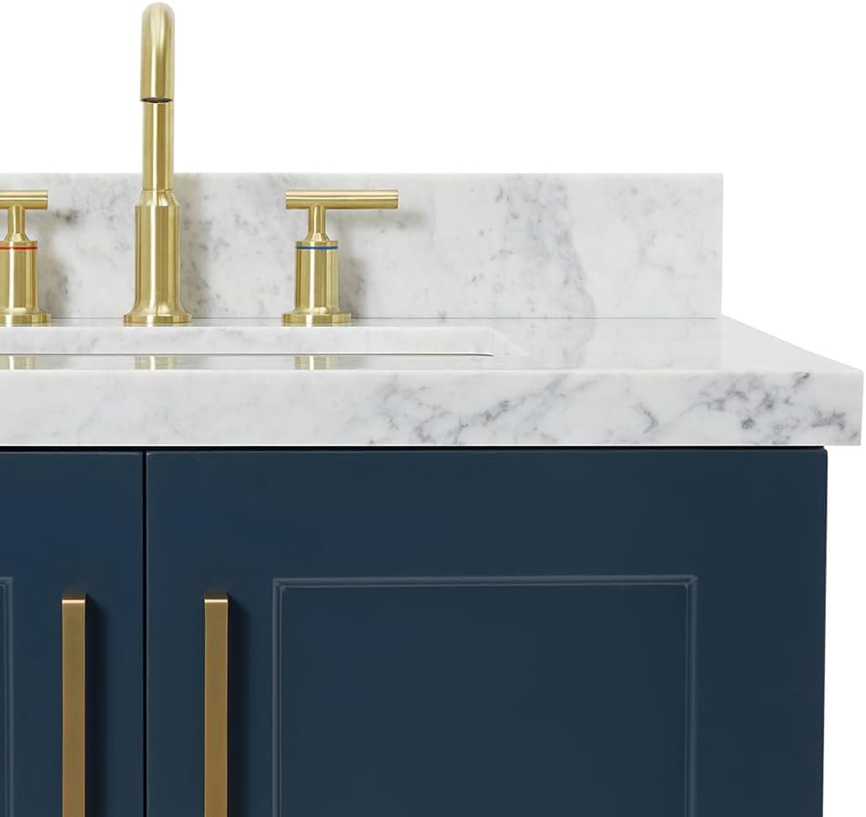 ARIEL Taylor 42-inch Bathroom Vanity with Sink,Solid Wood, 1.5-inch Italian Carrara Marble Countertop, Single Rectangular Porcelain Sink, 2 Soft Closing Doors, 5 Dovetail Drawers, Midnight Blue