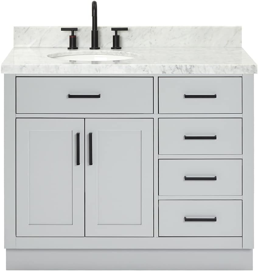 ARIEL Hepburn 43' Inch Left Offset Oval Sink Vanity with 1.5' Edge Carrara White Countertop in Grey