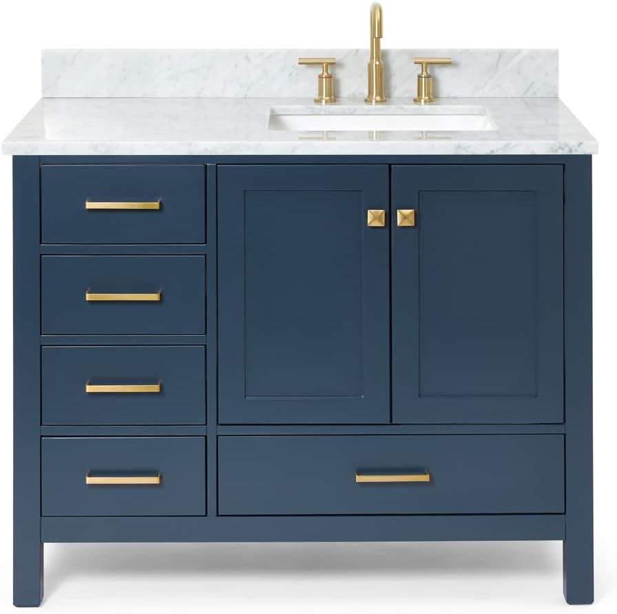 ARIEL Cambridge 43 in. Right Offset Rectangle Single Sink Vanity with Carrara White Marble Countertop in Midnight Blue