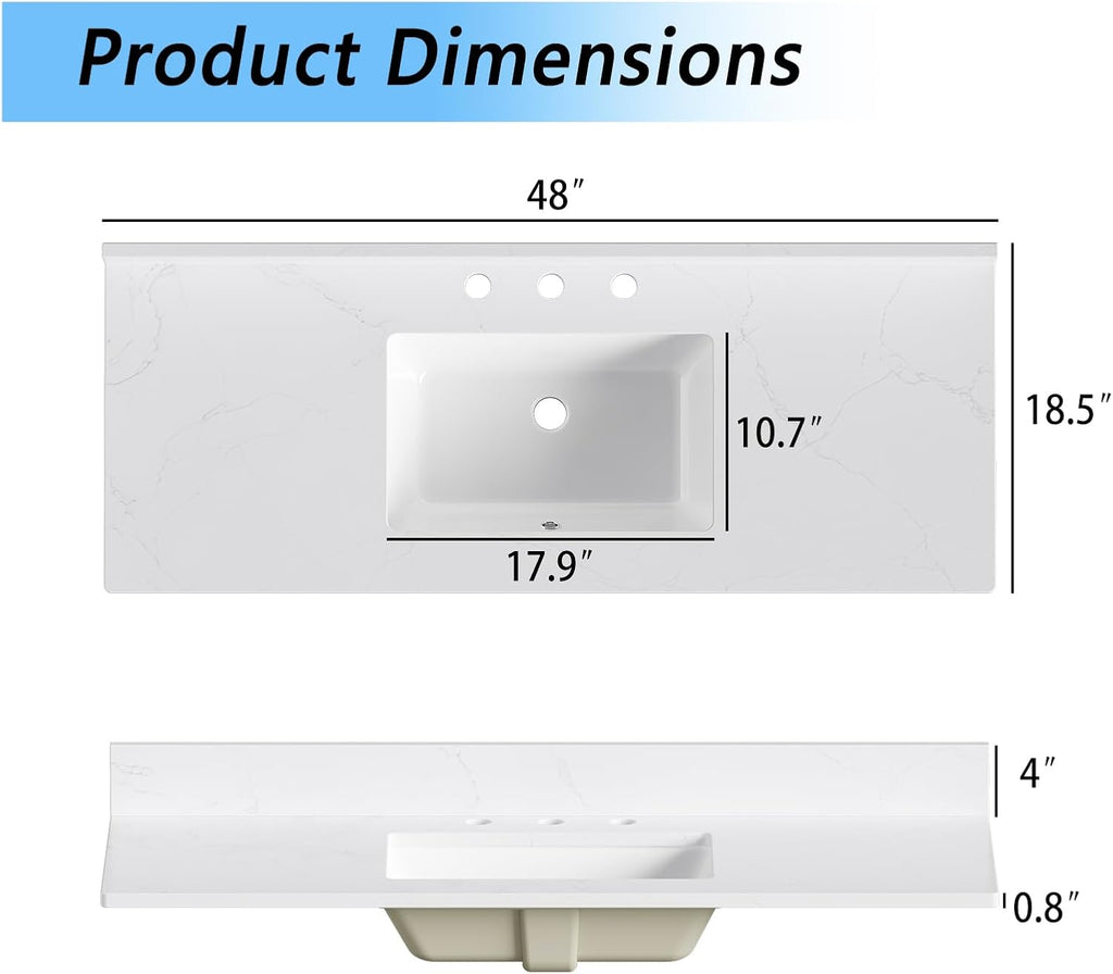 48 in. W x 18.5 in. D Bathroom Engineered Stone Vanity Top with Undermount Rectangular Ceramic Sink, 3 Pre-Drilled Faucet Holes & 4'' Backsplash, White (Faucet Not Included)