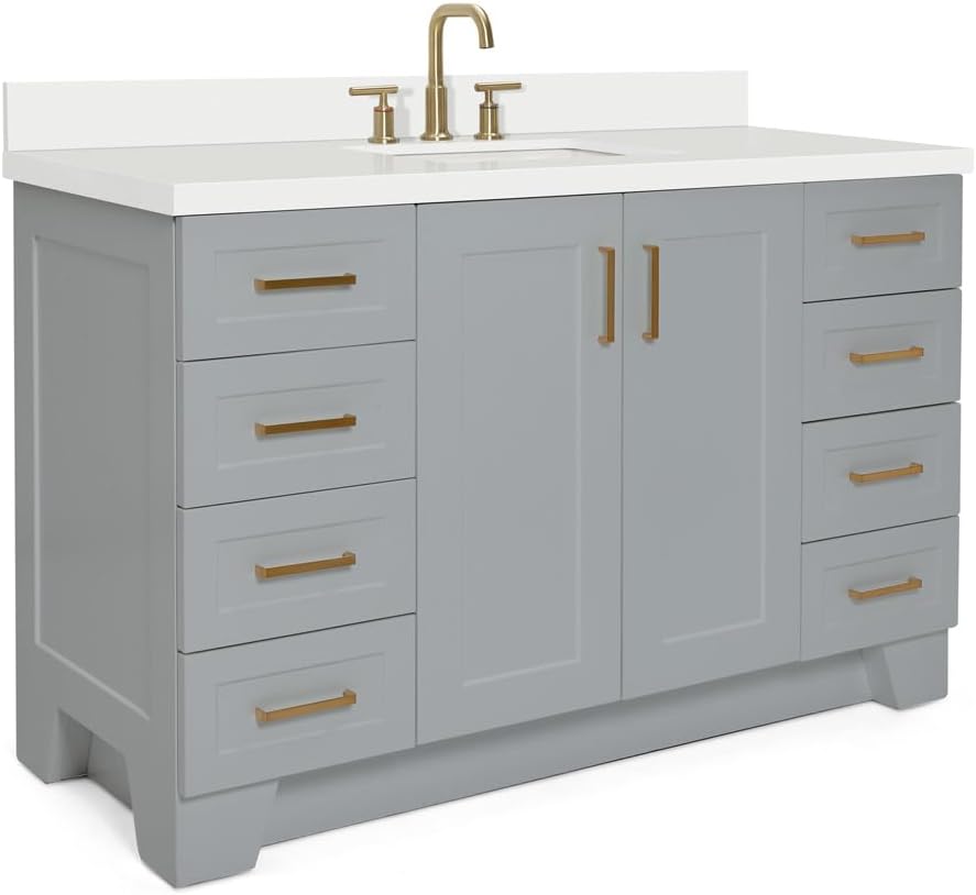 ARIEL Taylor 54-inch Bathroom Vanity with Sink,Solid Wood, 1.5-inch Pure White Quartz Countertop & Backsplash, Single Rectangular Porcelain Sink, 2 Soft Closing Doors, 9 Dovetail Drawers, Grey